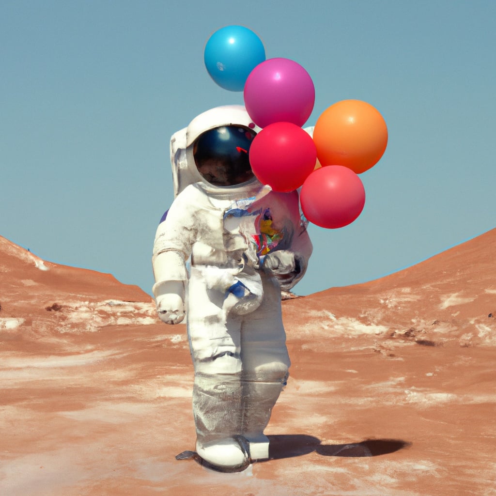 Astronauta segurando balões coloridos